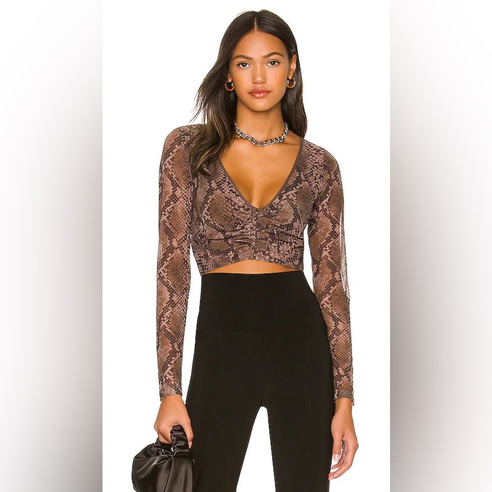 h:ours Brown Snake Print Long Sleeve Crop Top